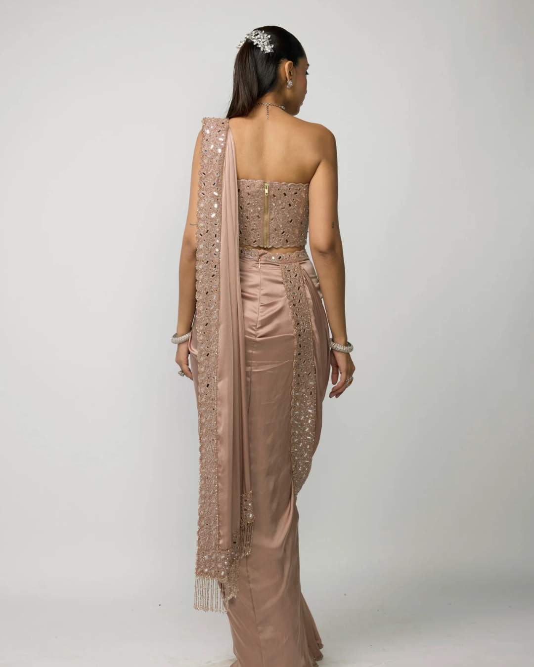 Vvani Vats - Bronze Rosé Draped Saree Set From Ziya