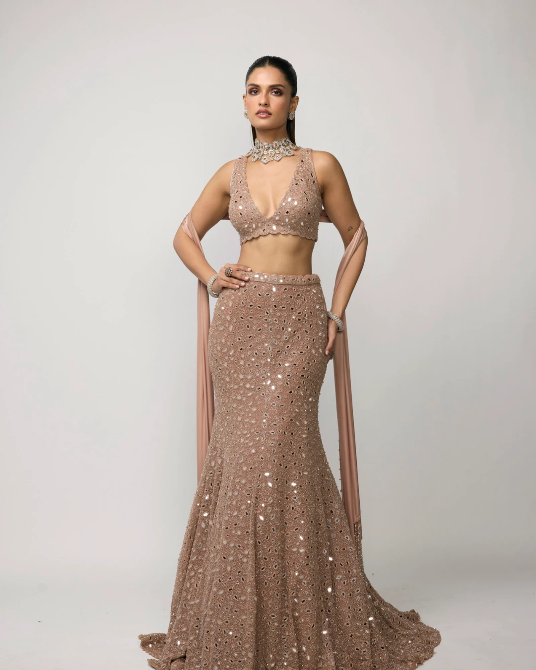 Vvani Vats - Bronze Rosé Fishcut Lehenga Set From Ziya
