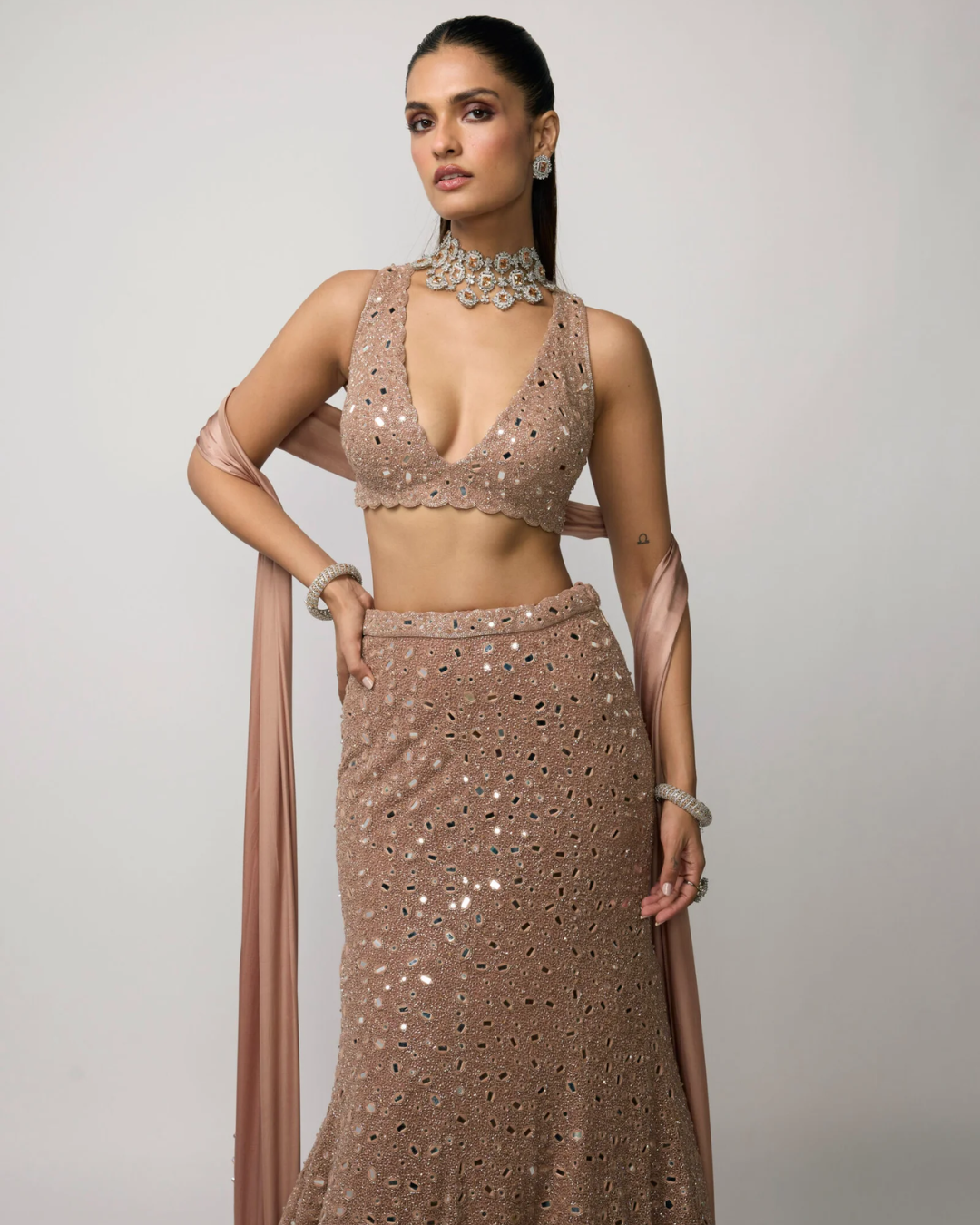 Vvani Vats - Bronze Rosé Fishcut Lehenga Set From Ziya