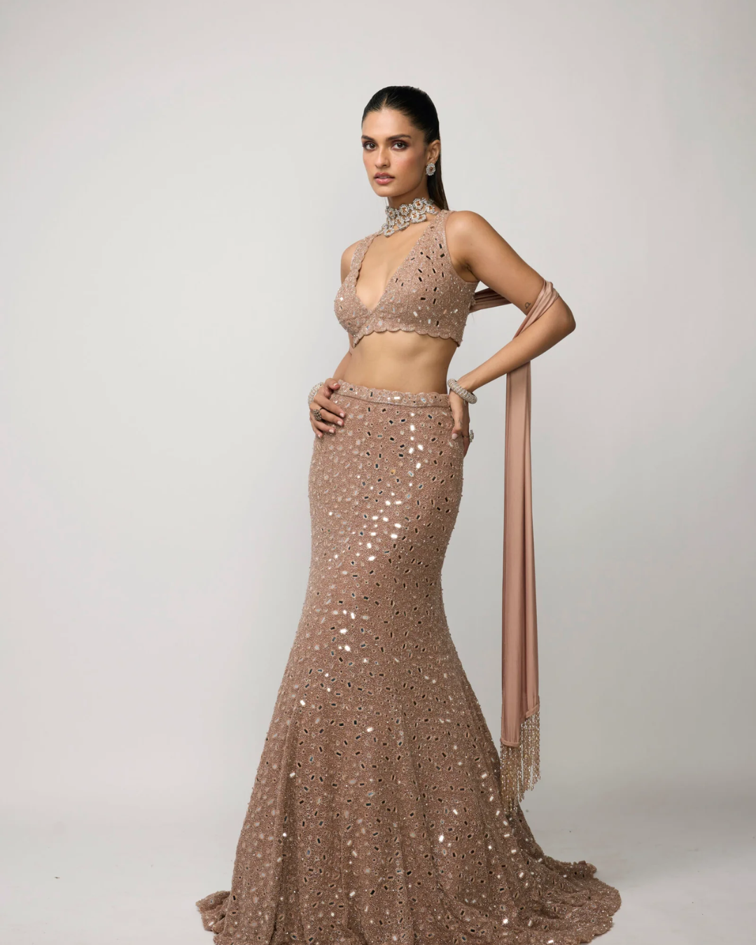 Vvani Vats - Bronze Rosé Fishcut Lehenga Set From Ziya