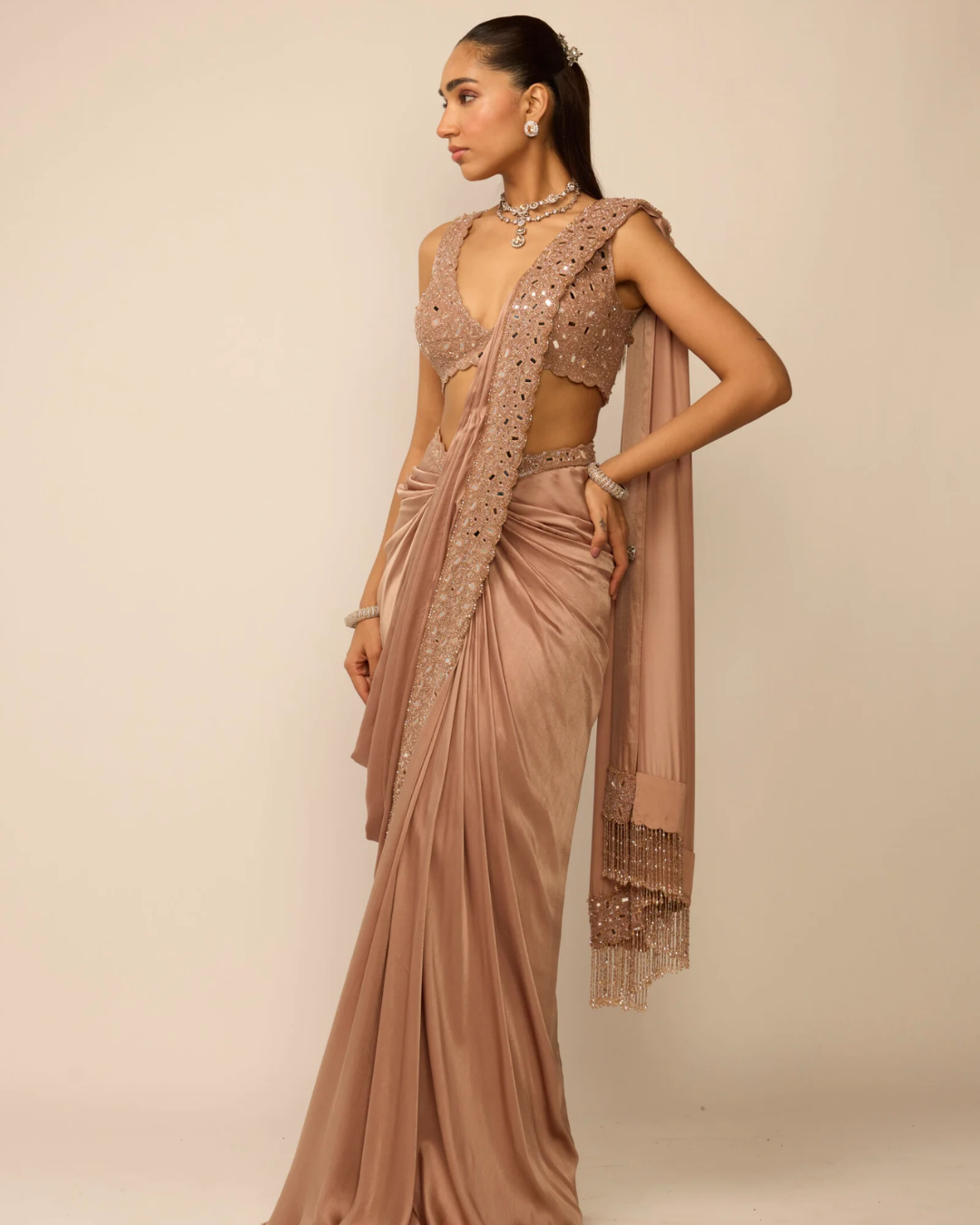 Vvani Vats - Bronze Rosé Satin Draped Saree Set From Ziya