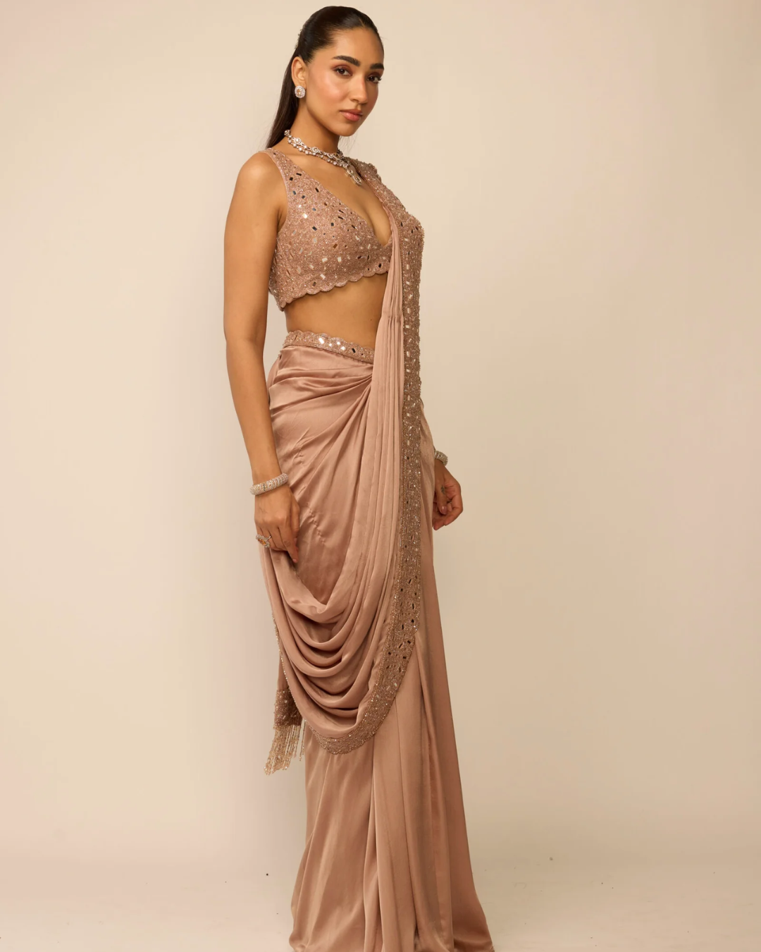 Vvani Vats - Bronze Rosé Satin Draped Saree Set From Ziya