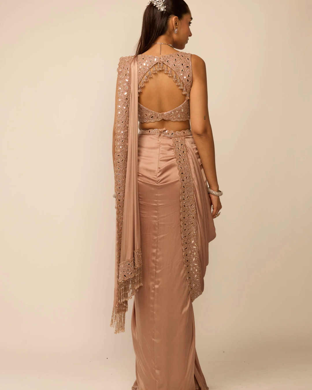 Vvani Vats - Bronze Rosé Satin Draped Saree Set From Ziya