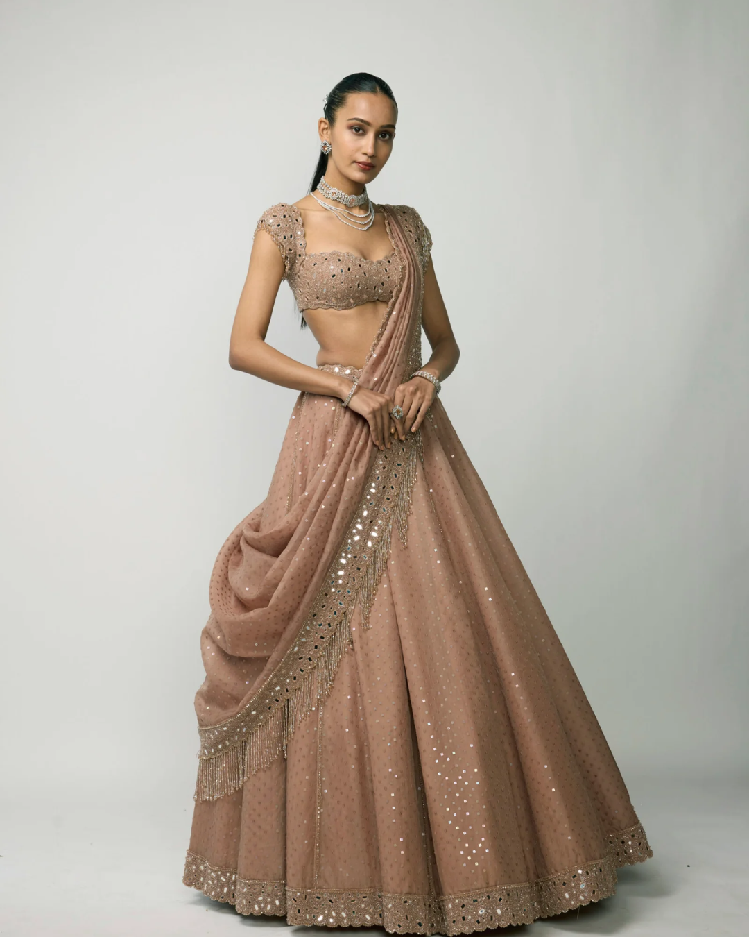 Vvani Vats - Bronze Rosé Sequins Embroidered Lehenga Set From Ziya