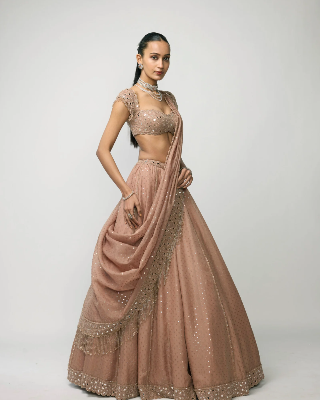 Vvani Vats - Bronze Rosé Sequins Embroidered Lehenga Set From Ziya