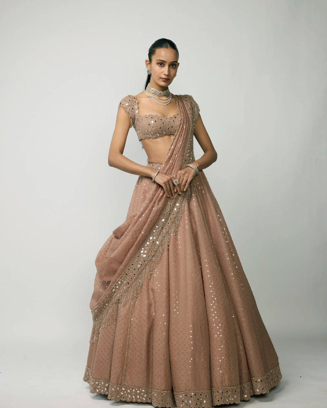 Vvani Vats - Bronze Rosé Sequins Embroidered Lehenga Set From Ziya