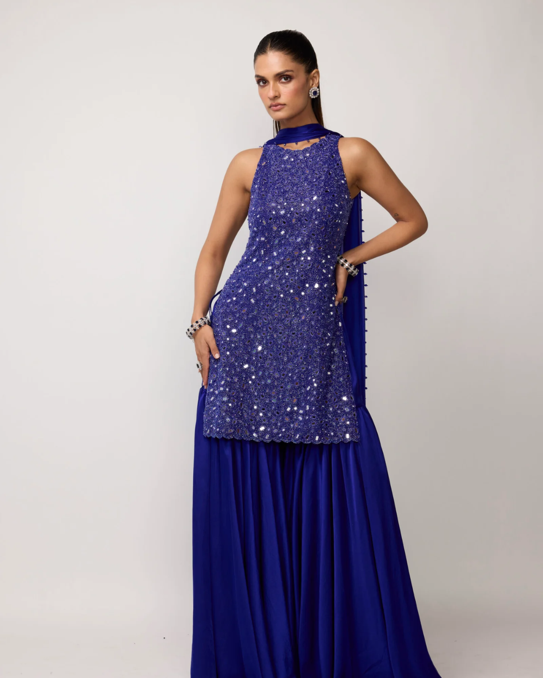 Vvani Vats - Cocktail Blue Satin Sharara Set From Ziya