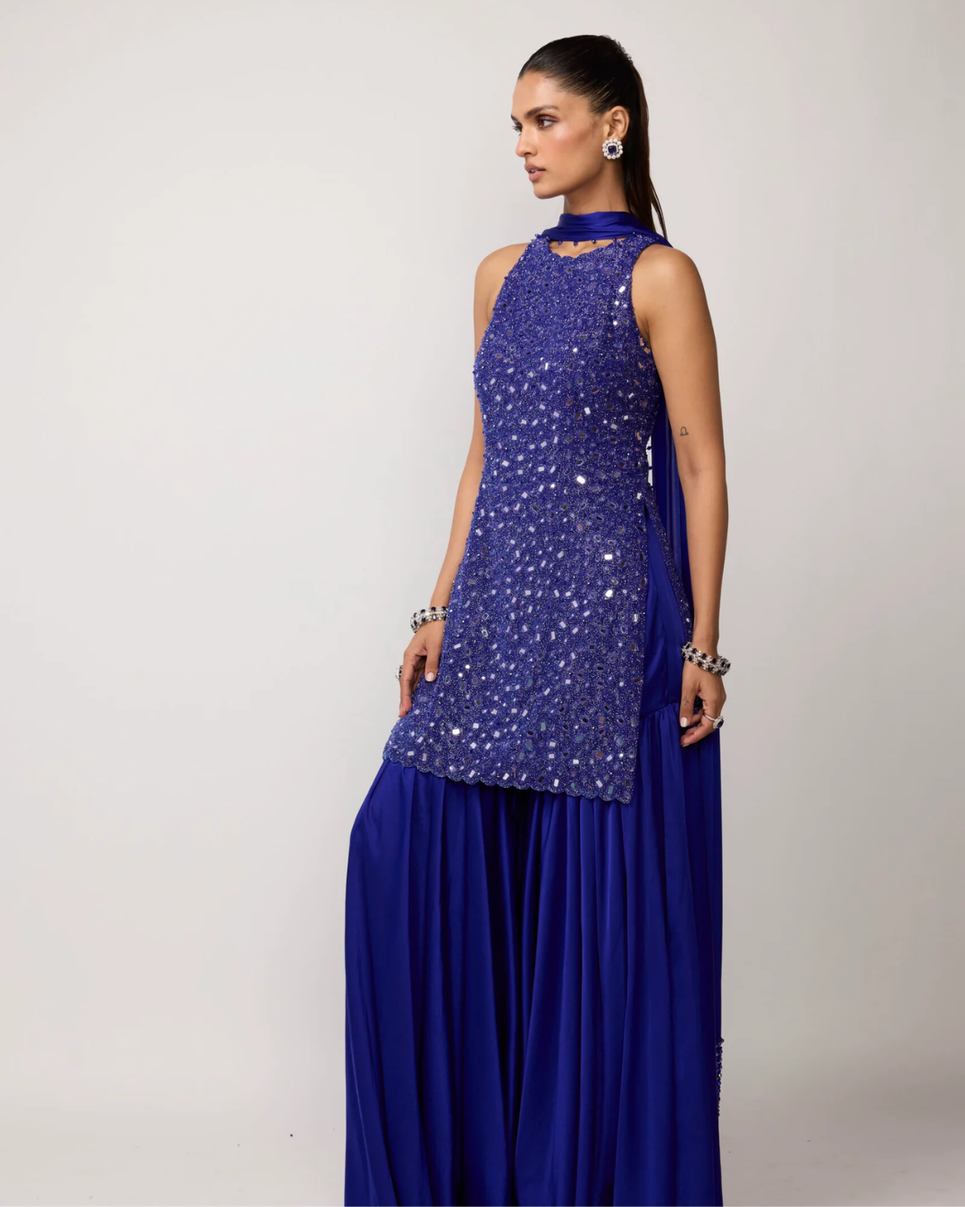 Vvani Vats - Cocktail Blue Satin Sharara Set From Ziya