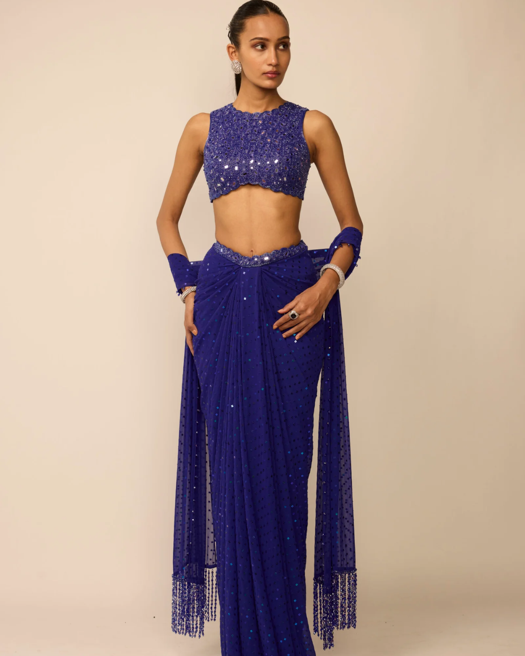 Vvani Vats - Cocktail Blue Sequins Embroidered Draped Skirt Set From Ziya