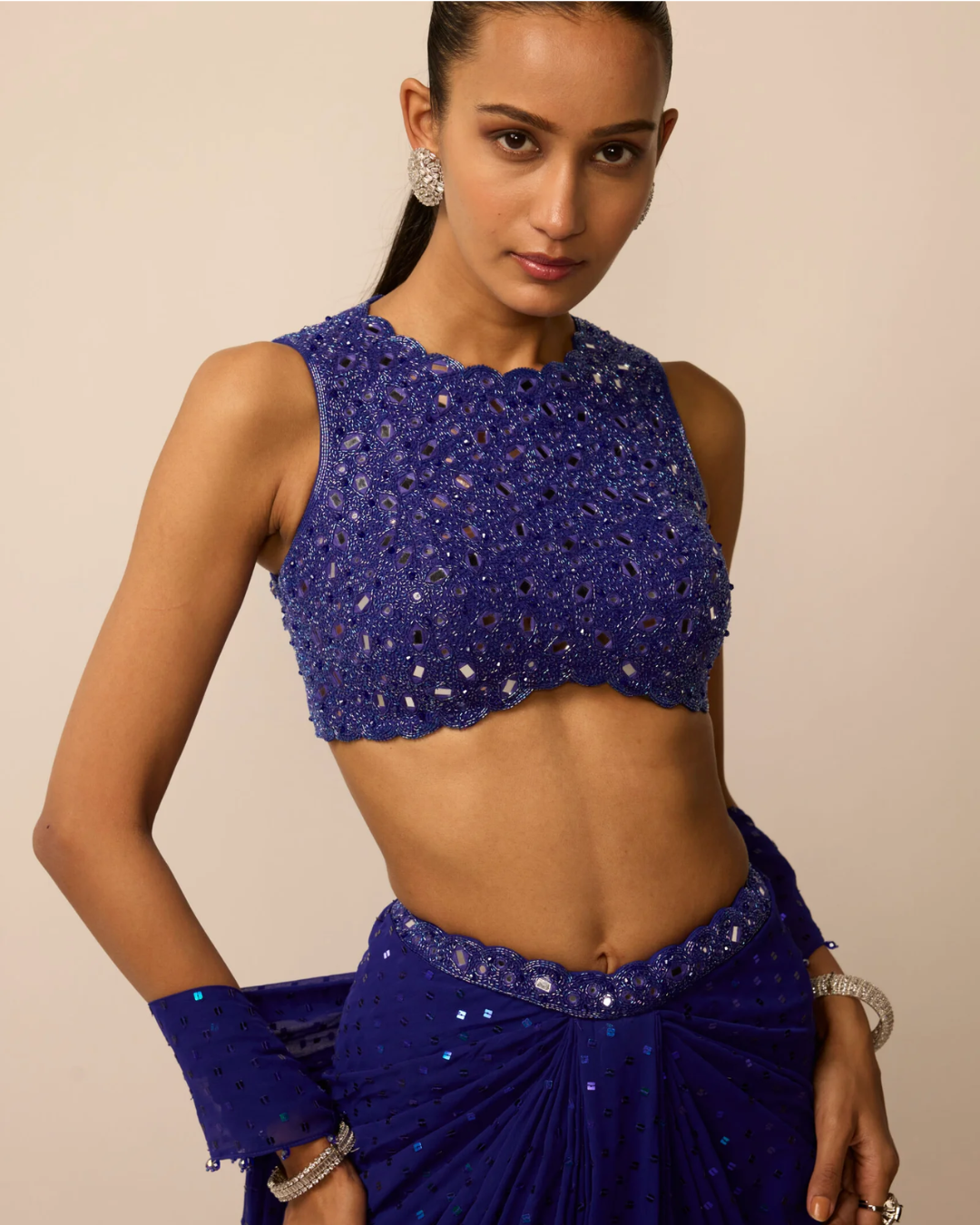 Vvani Vats - Cocktail Blue Sequins Embroidered Draped Skirt Set From Ziya