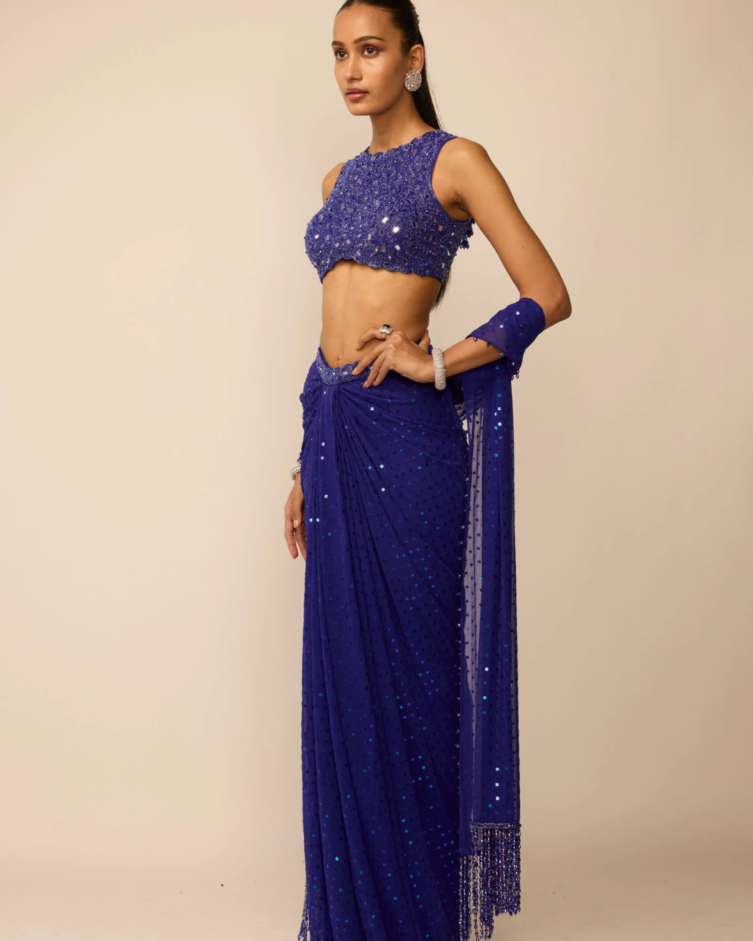 Vvani Vats - Cocktail Blue Sequins Embroidered Draped Skirt Set From Ziya