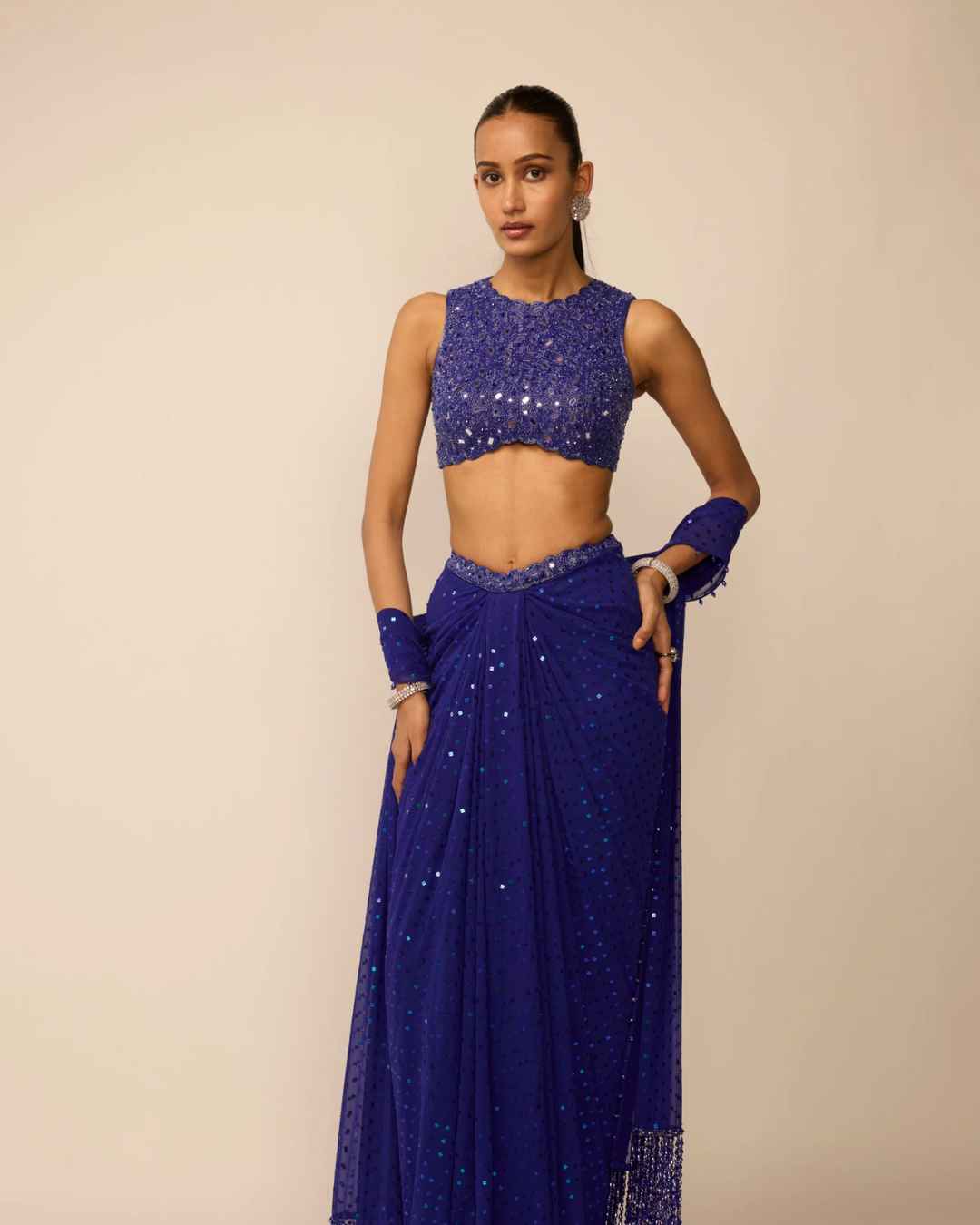 Vvani Vats - Cocktail Blue Sequins Embroidered Draped Skirt Set From Ziya