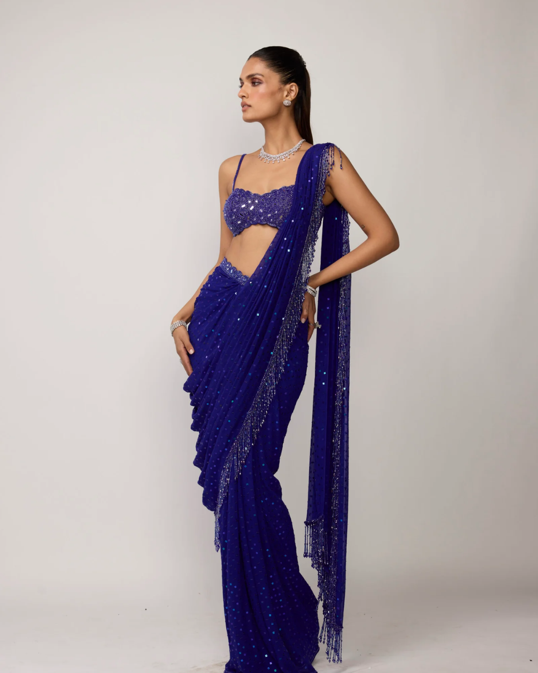 Vvani Vats - Cocktail Blue Sequins Embroidered Saree Set From Ziya