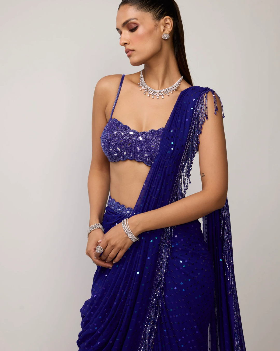 Vvani Vats - Cocktail Blue Sequins Embroidered Saree Set From Ziya