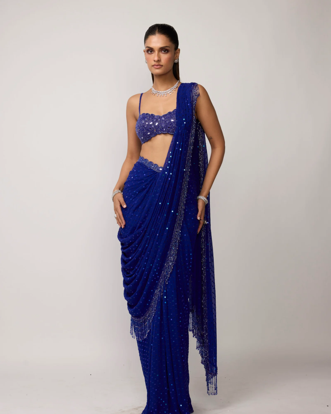 Vvani Vats - Cocktail Blue Sequins Embroidered Saree Set From Ziya