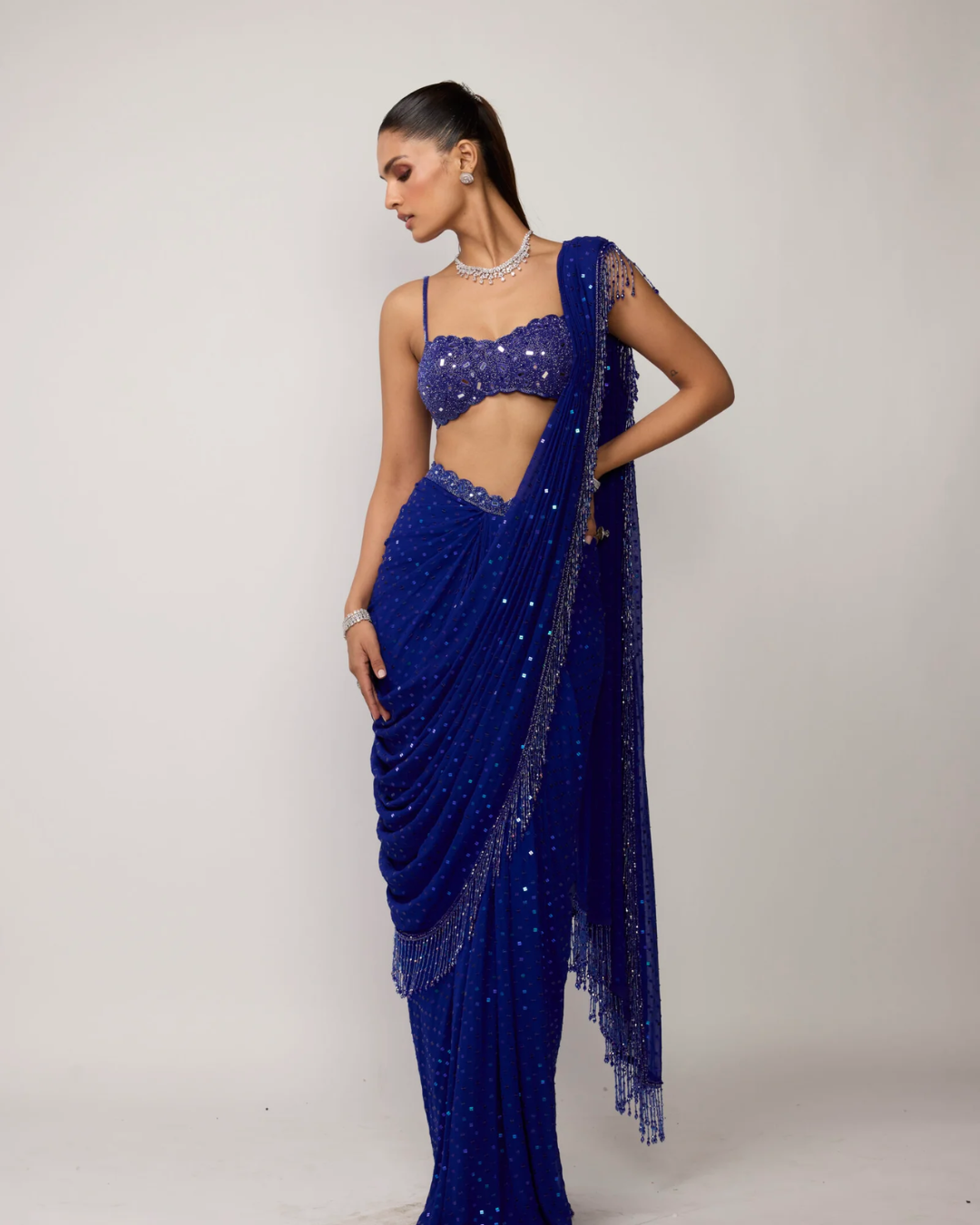 Vvani Vats - Cocktail Blue Sequins Embroidered Saree Set From Ziya