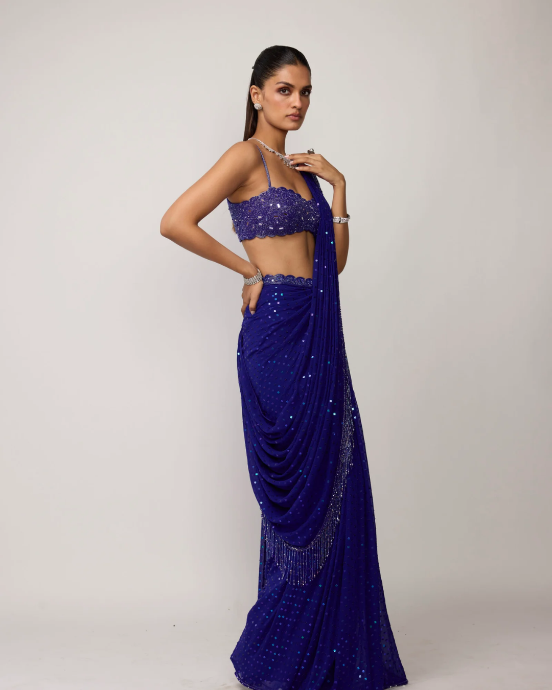 Vvani Vats - Cocktail Blue Sequins Embroidered Saree Set From Ziya