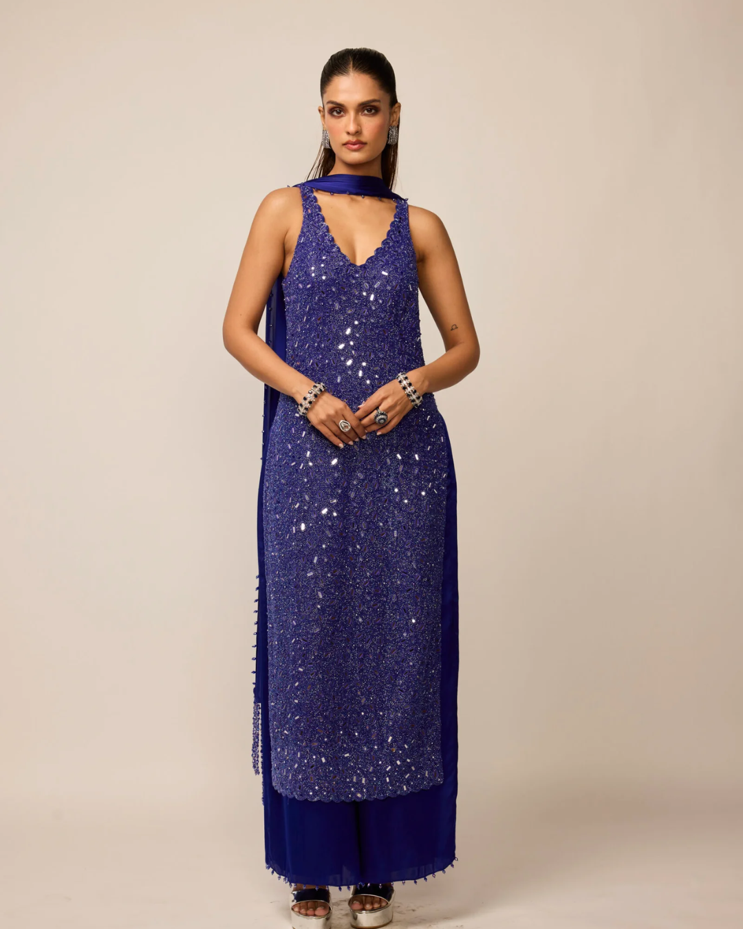 Vvani Vats - Cocktail Blue V Neck Kurta Set From Ziya