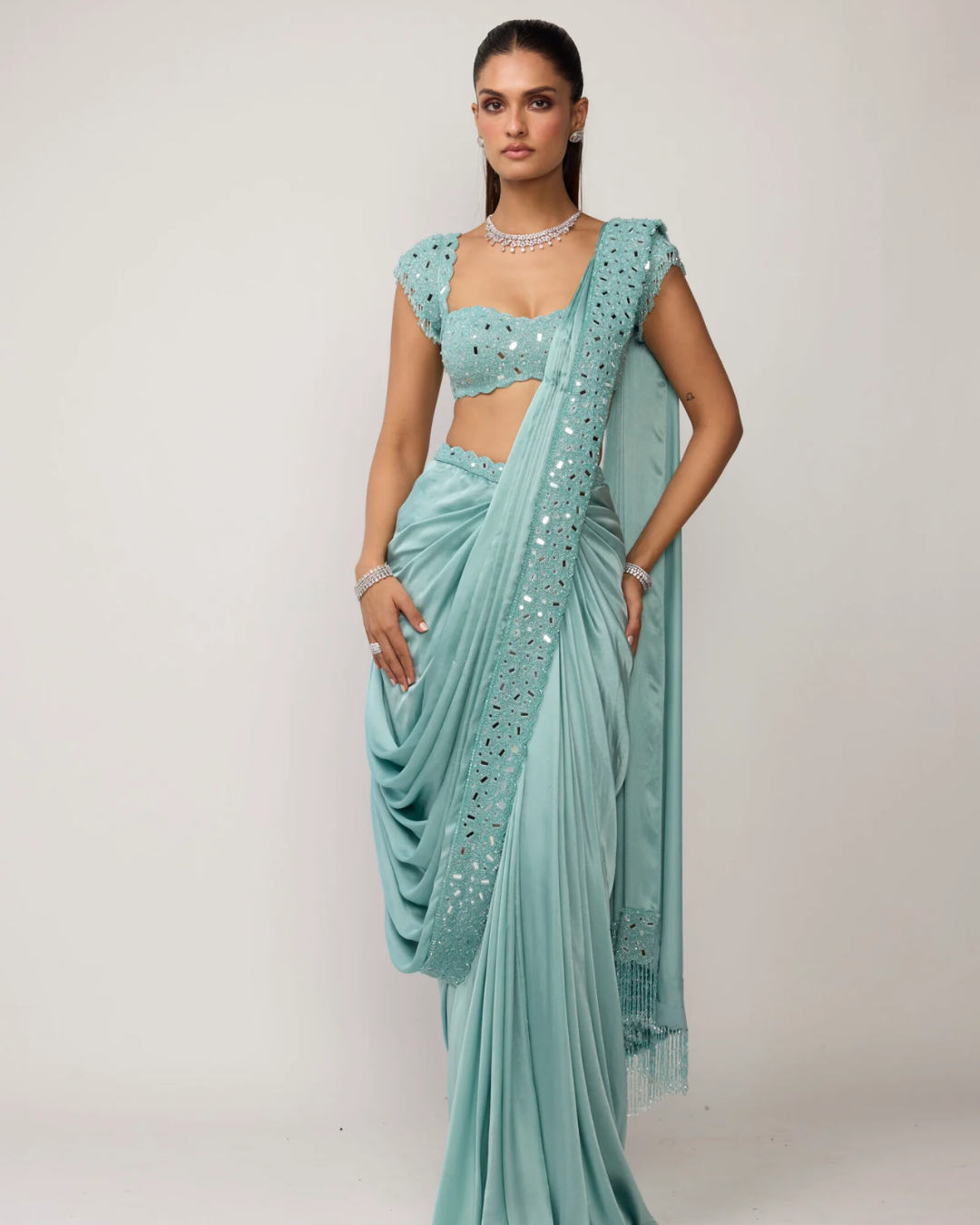 Vvani Vats - Powder Blue Draped Saree Set From Ziya
