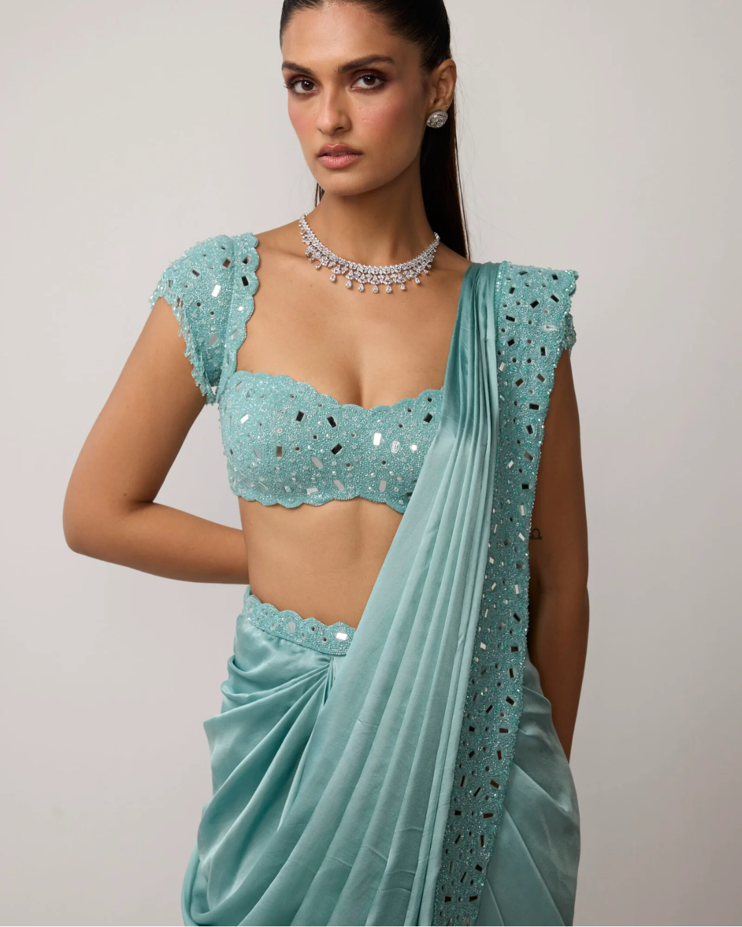 Vvani Vats - Powder Blue Draped Saree Set From Ziya