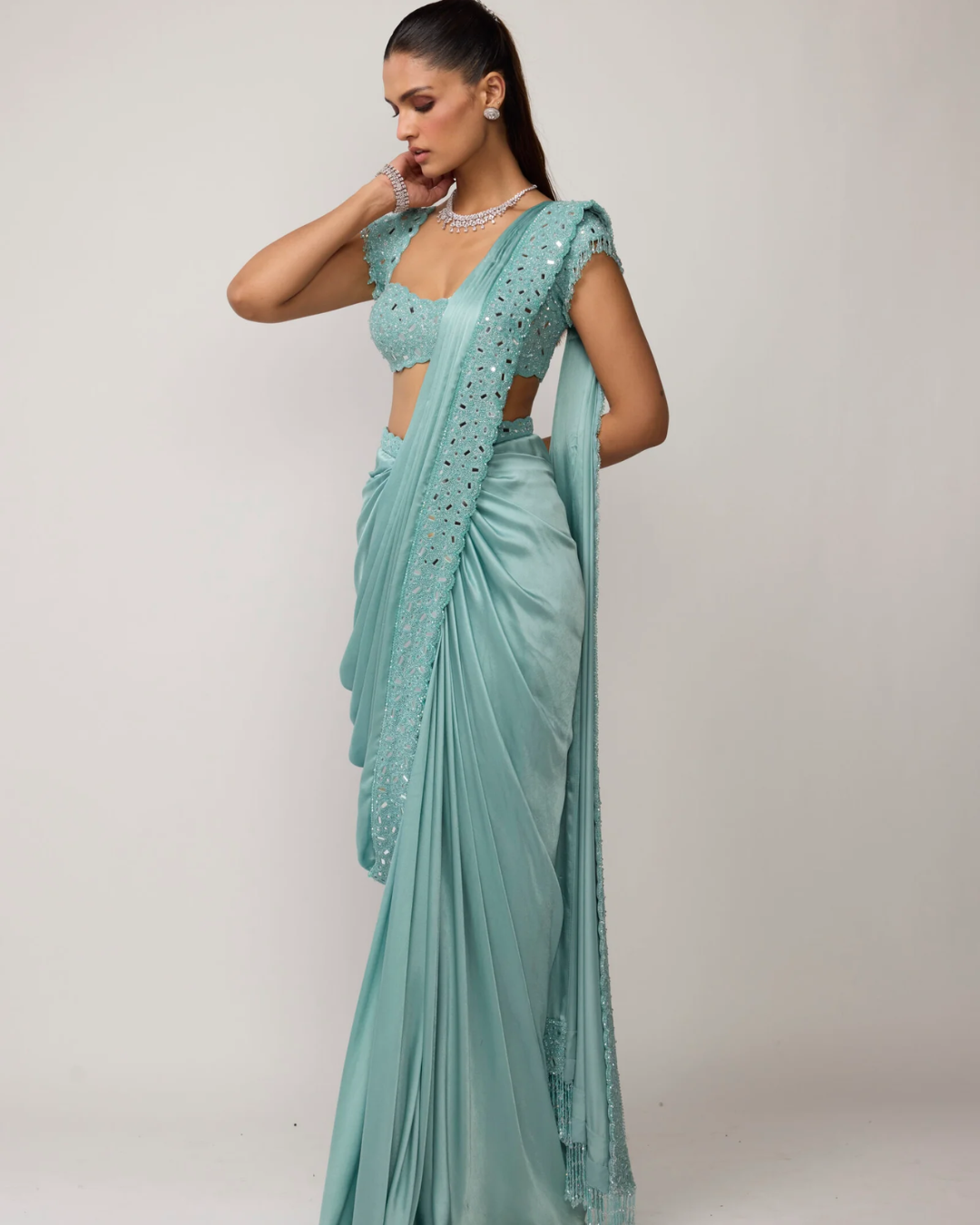 Vvani Vats - Powder Blue Draped Saree Set From Ziya