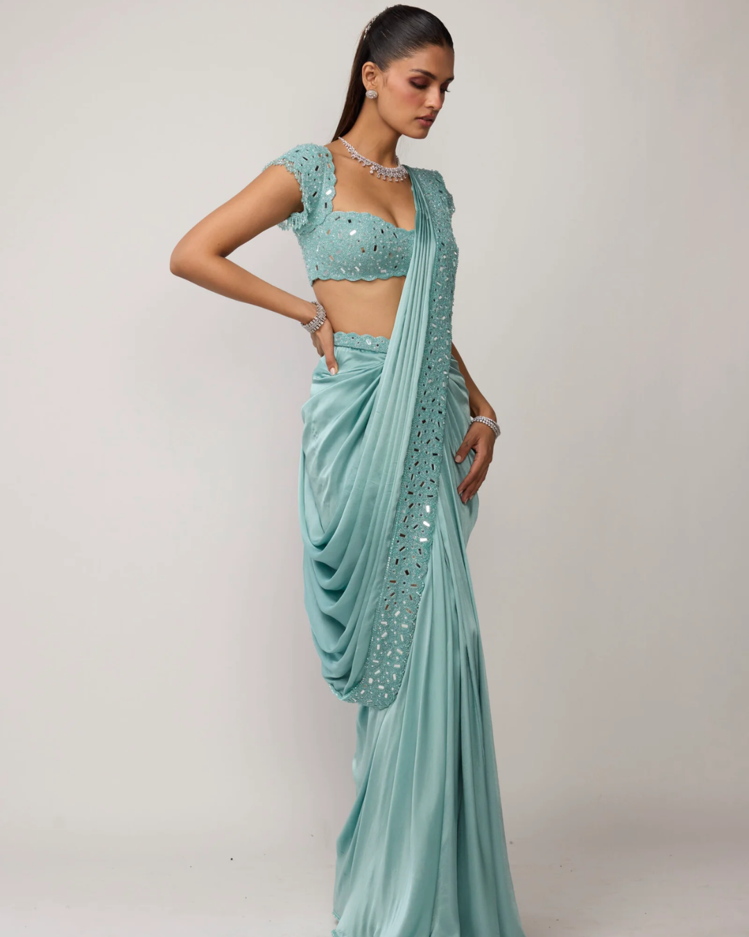 Vvani Vats - Powder Blue Draped Saree Set From Ziya
