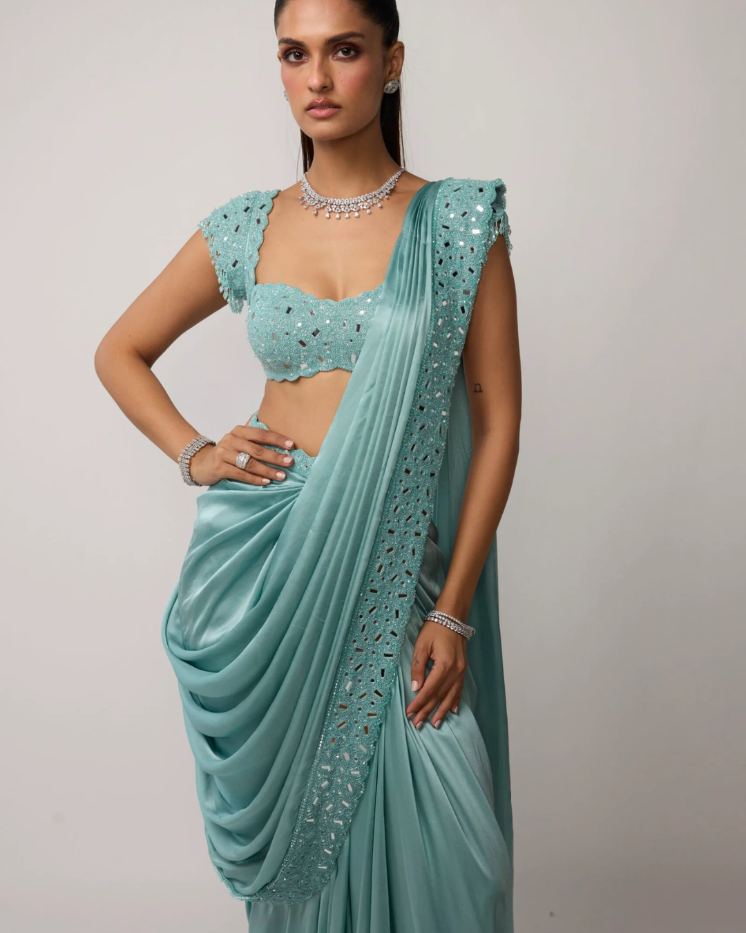 Vvani Vats - Powder Blue Draped Saree Set From Ziya