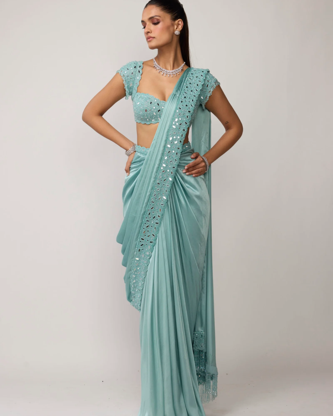 Vvani Vats - Powder Blue Draped Saree Set From Ziya