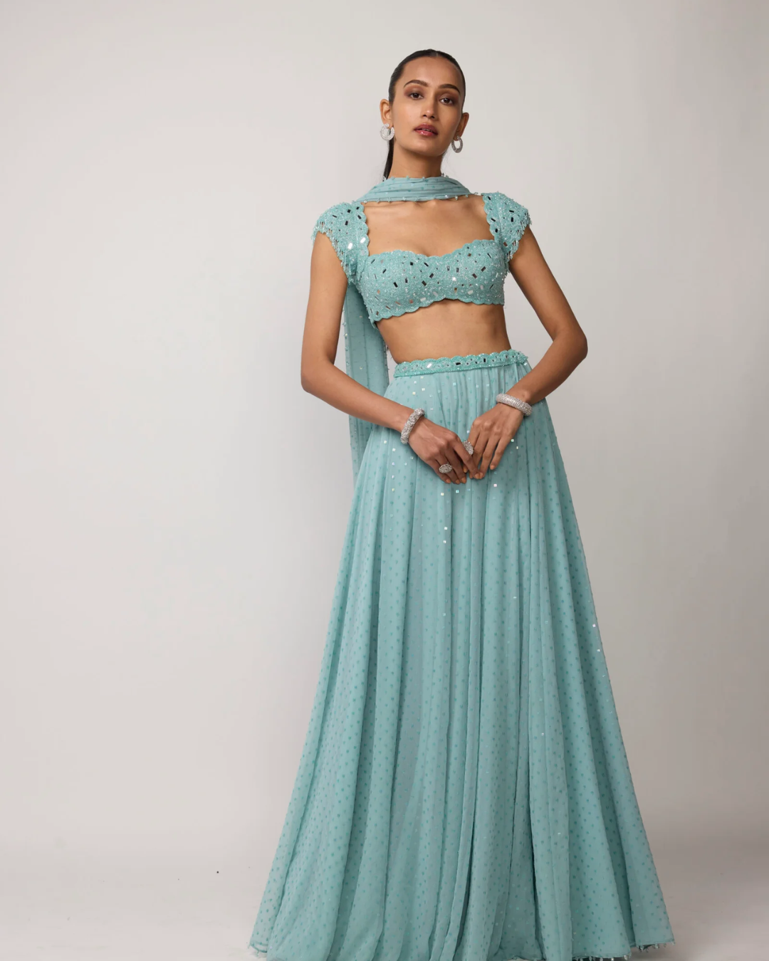 Vvani Vats - Powder Blue Geogette Skirt Set From Ziya