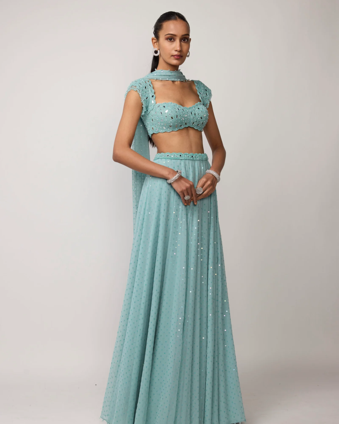 Vvani Vats - Powder Blue Geogette Skirt Set From Ziya