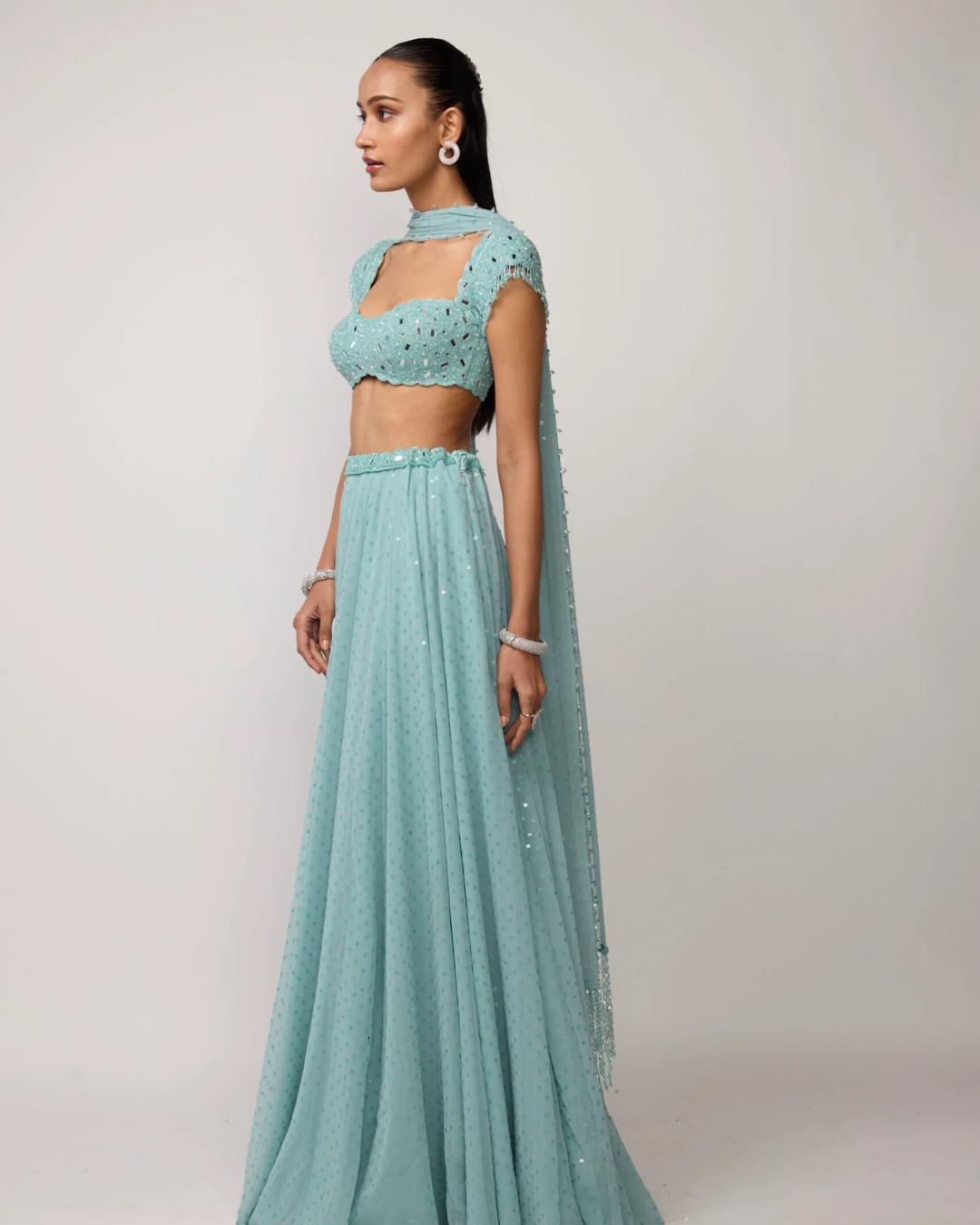 Vvani Vats - Powder Blue Geogette Skirt Set From Ziya