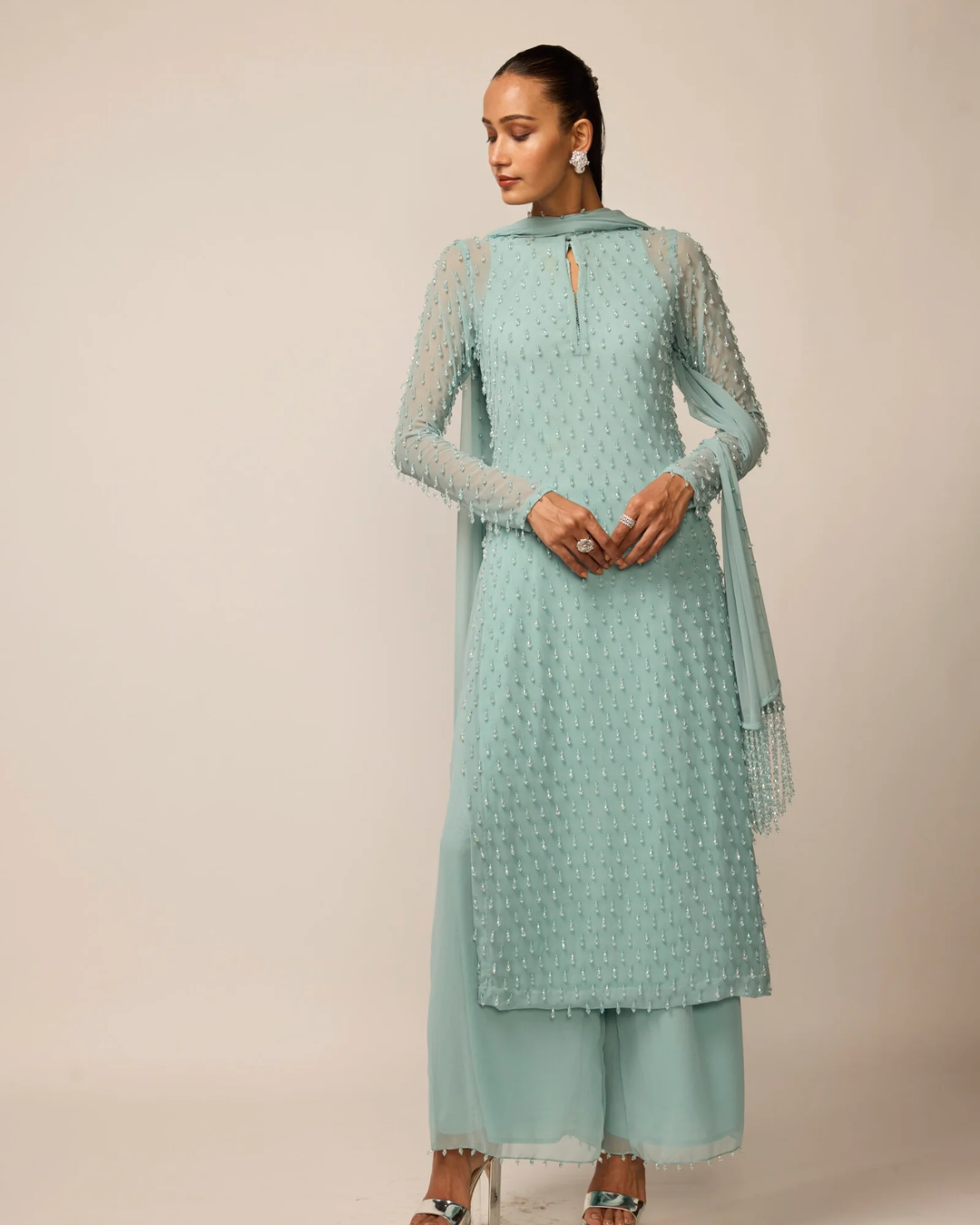 Vvani Vats - Powder Blue Pearl Drop Kurta Set From Ziya