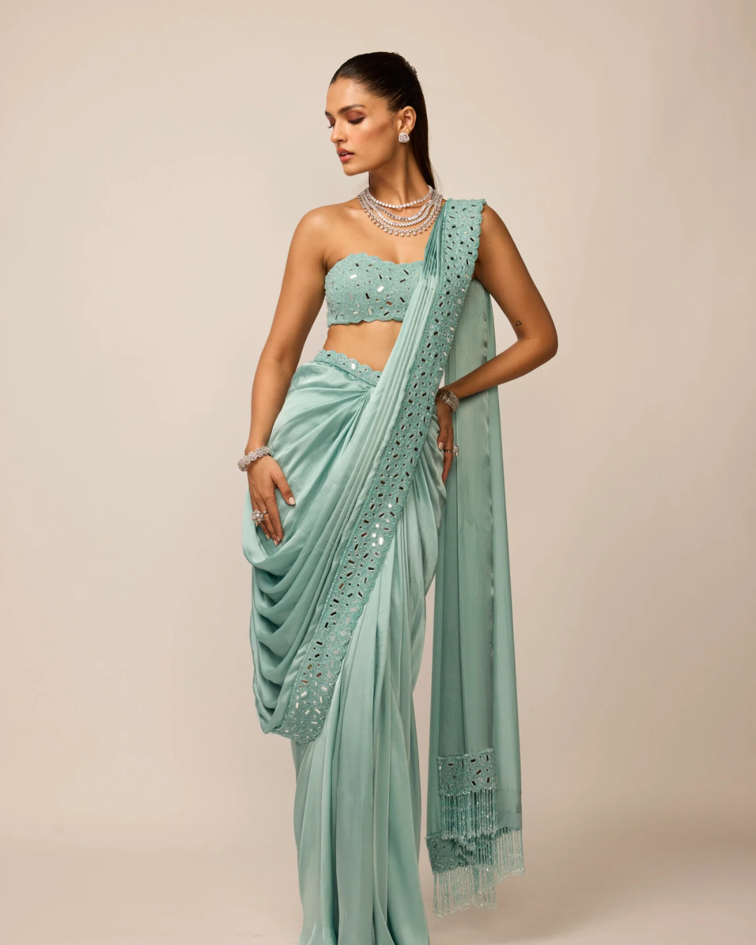 Vvani Vats - Powder Blue Satin Draped Saree Set From Ziya