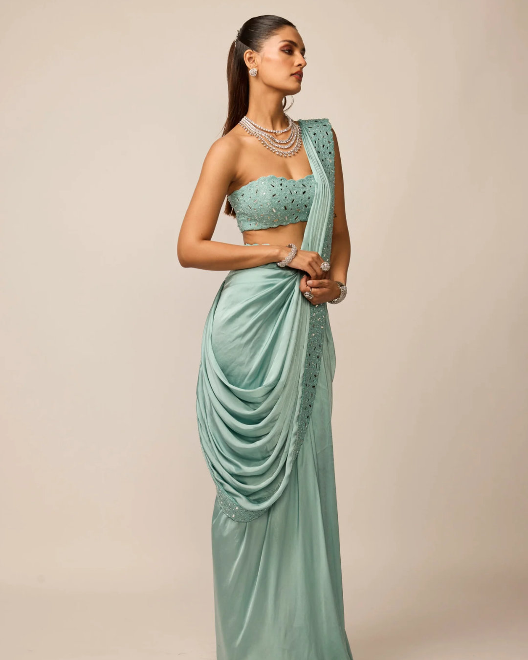 Vvani Vats - Powder Blue Satin Draped Saree Set From Ziya
