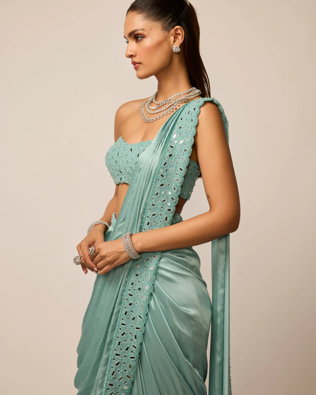 Vvani Vats - Powder Blue Satin Draped Saree Set From Ziya