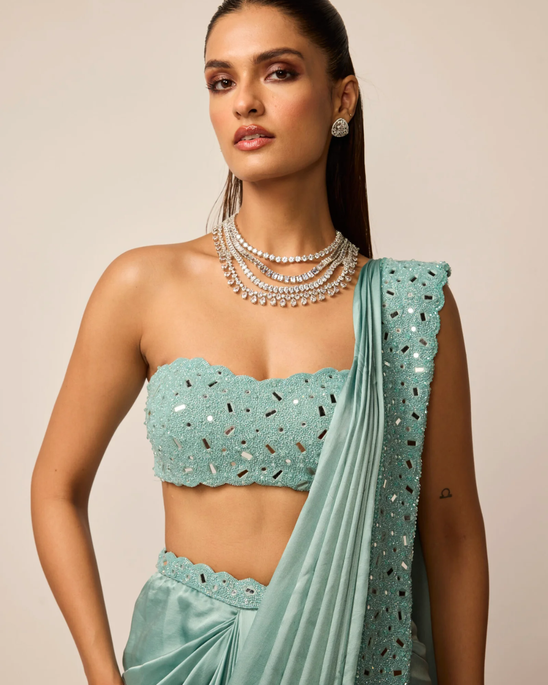 Vvani Vats - Powder Blue Satin Draped Saree Set From Ziya