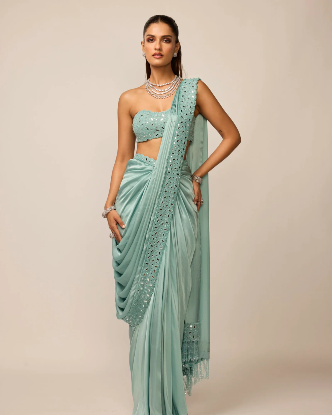 Vvani Vats - Powder Blue Satin Draped Saree Set From Ziya