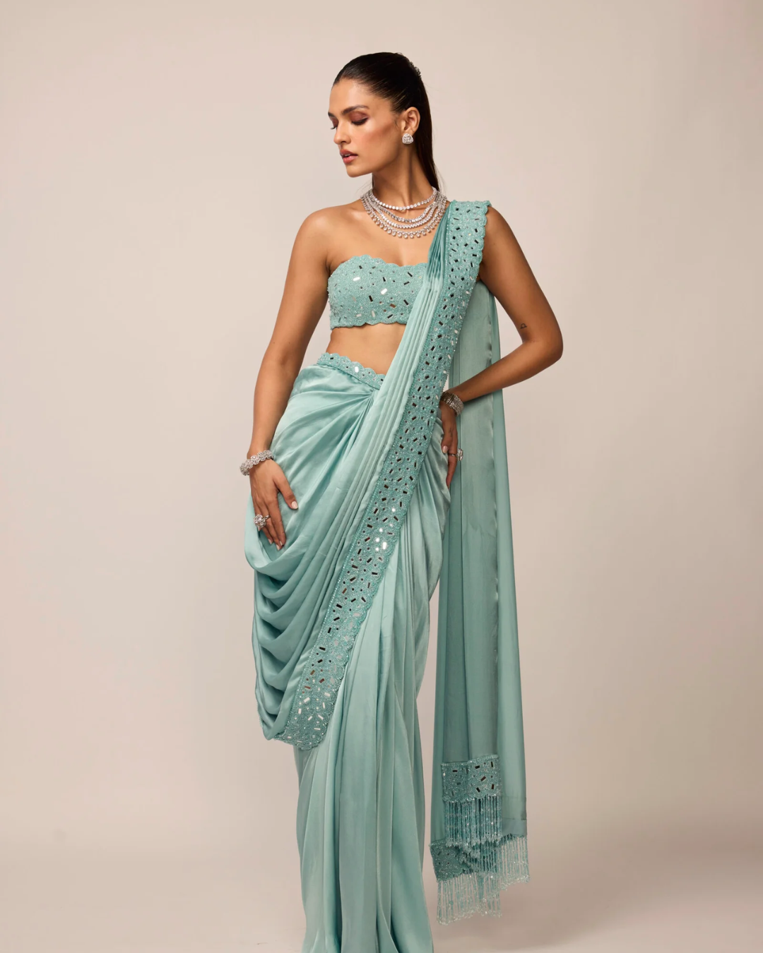 Vvani Vats - Powder Blue Satin Draped Saree Set From Ziya