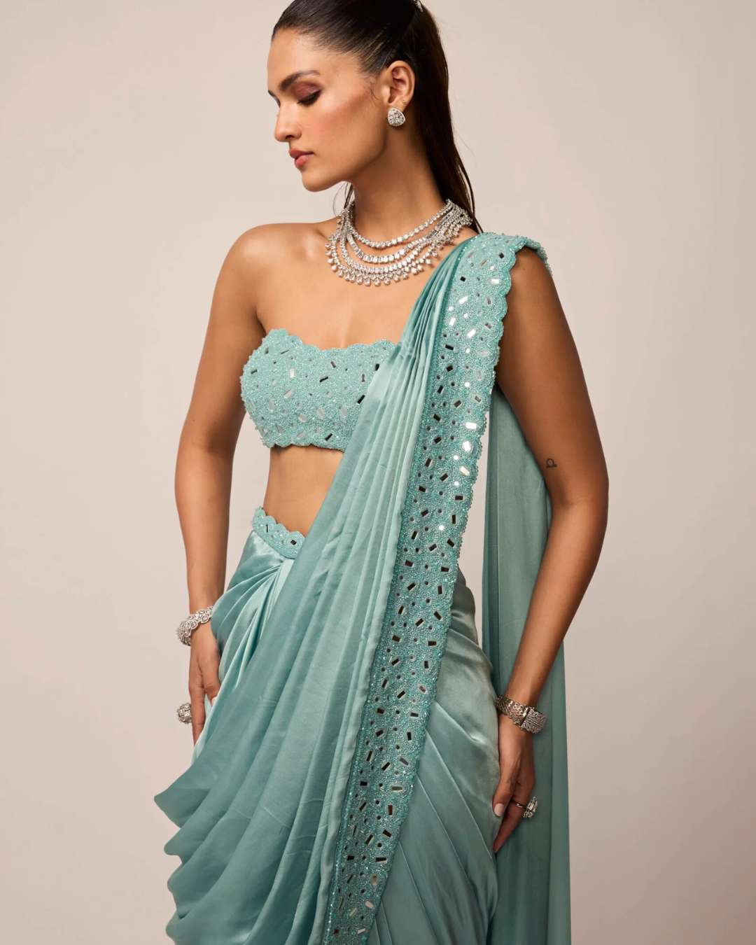 Vvani Vats - Powder Blue Satin Draped Saree Set From Ziya