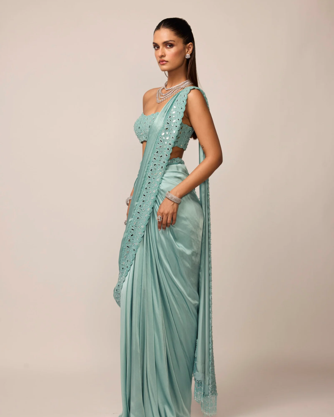 Vvani Vats - Powder Blue Satin Draped Saree Set From Ziya