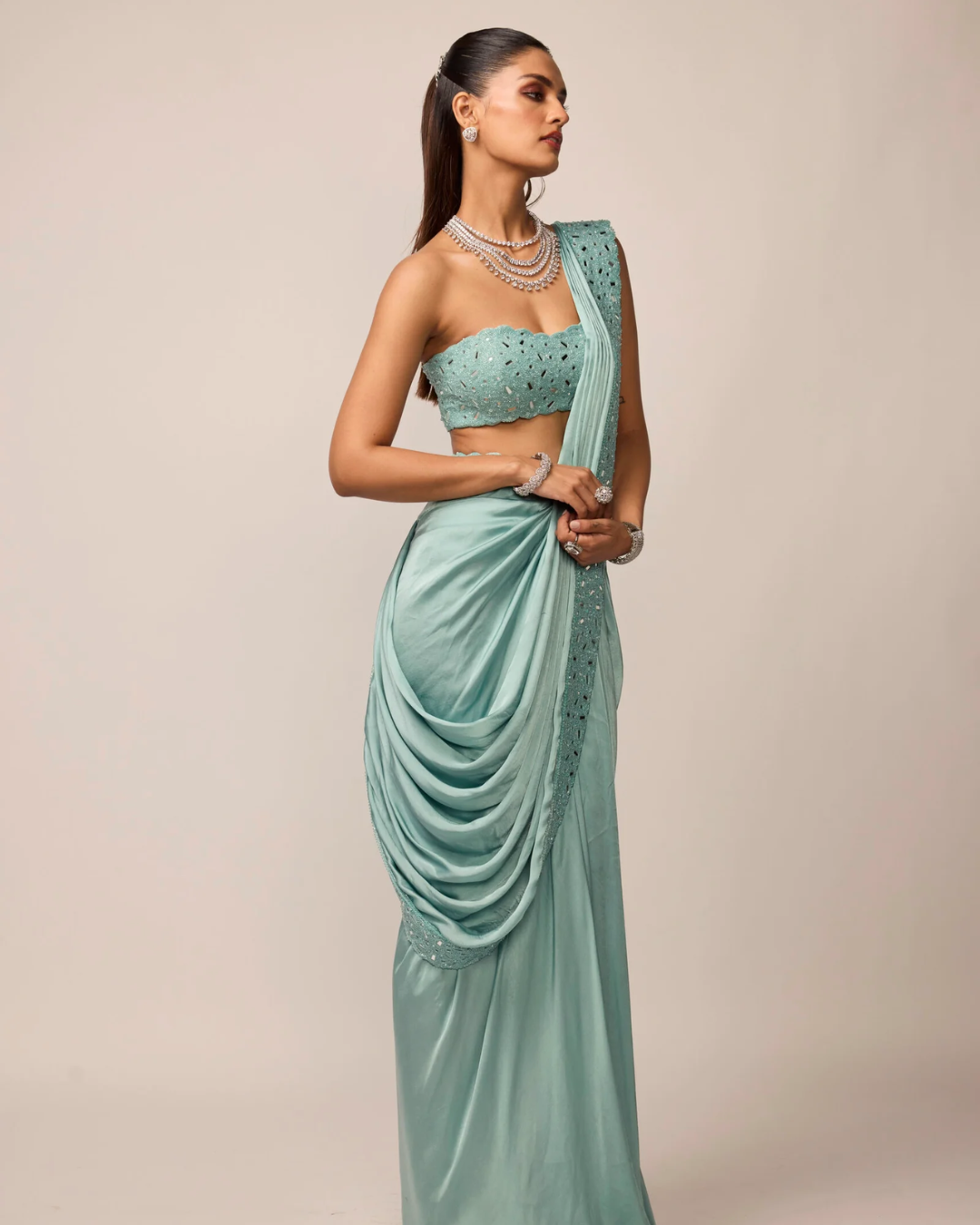 Vvani Vats - Powder Blue Satin Draped Saree Set From Ziya