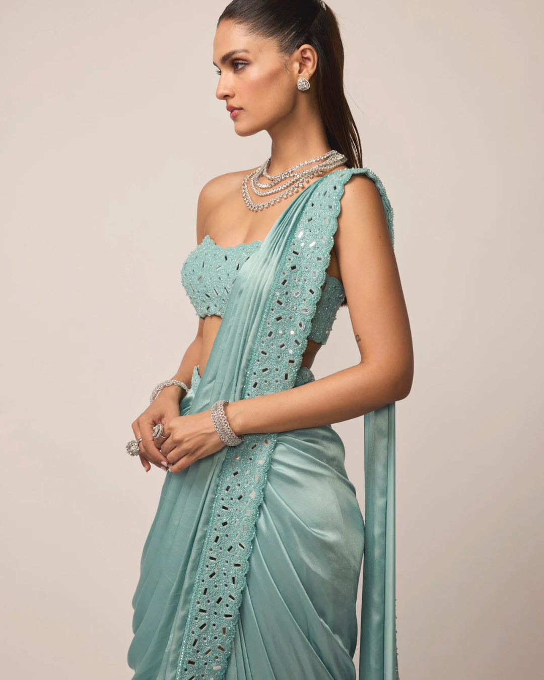 Vvani Vats - Powder Blue Satin Draped Saree Set From Ziya