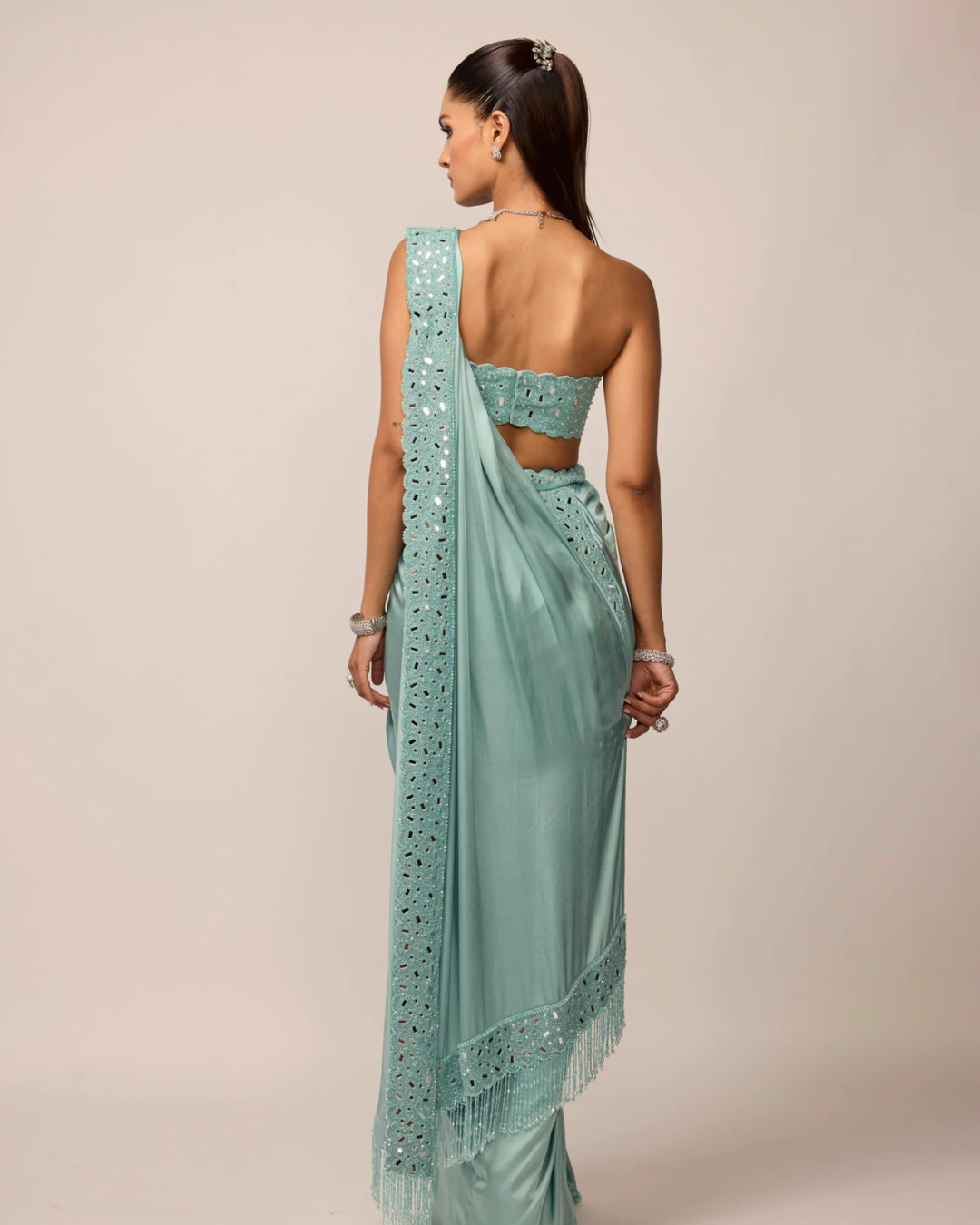 Vvani Vats - Powder Blue Satin Draped Saree Set From Ziya