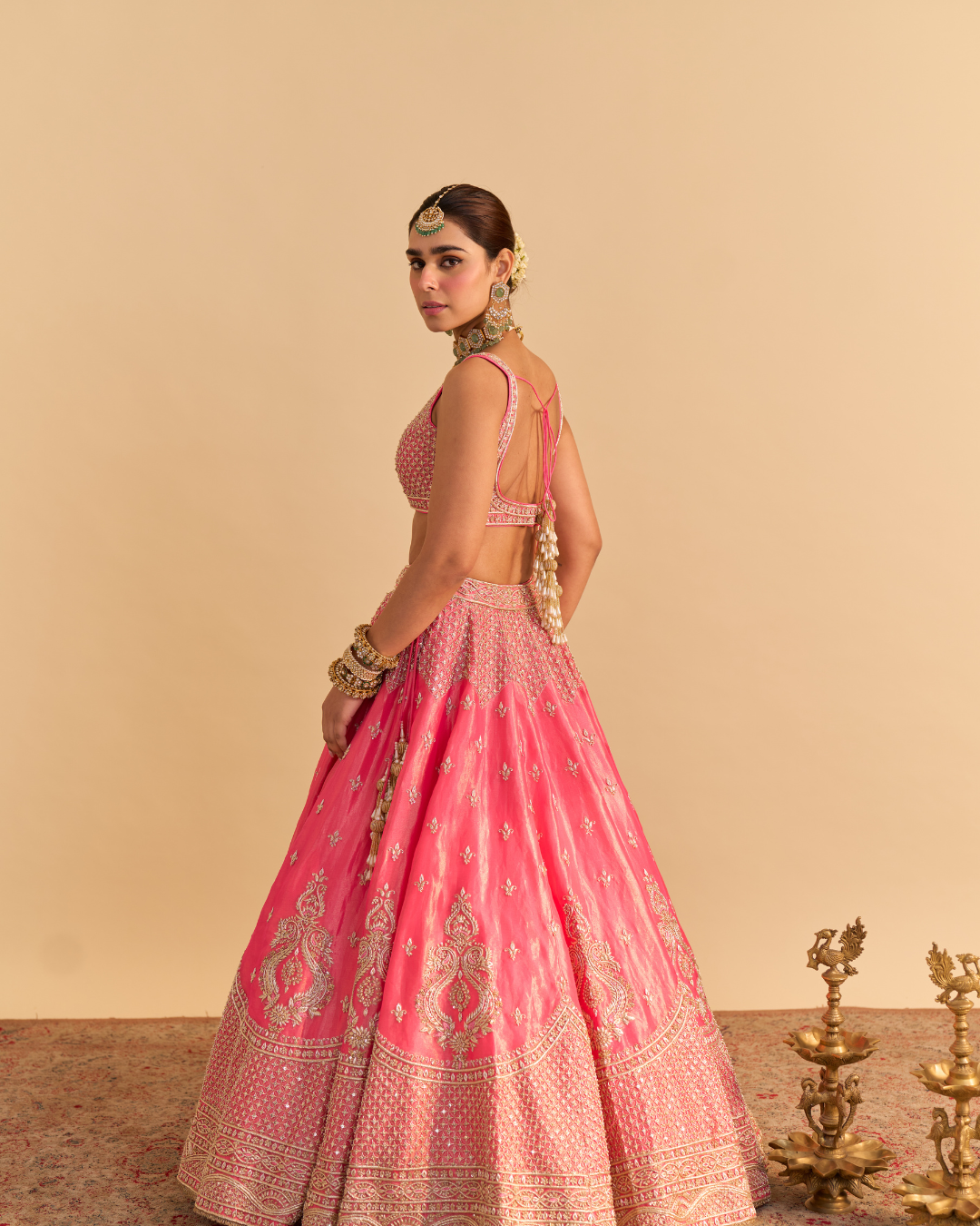 Sheetal Batra - Aashina  - Dabka Zardozi Embroidered Pure Tissue Carrot Pink Lehenga Set From Naazkat