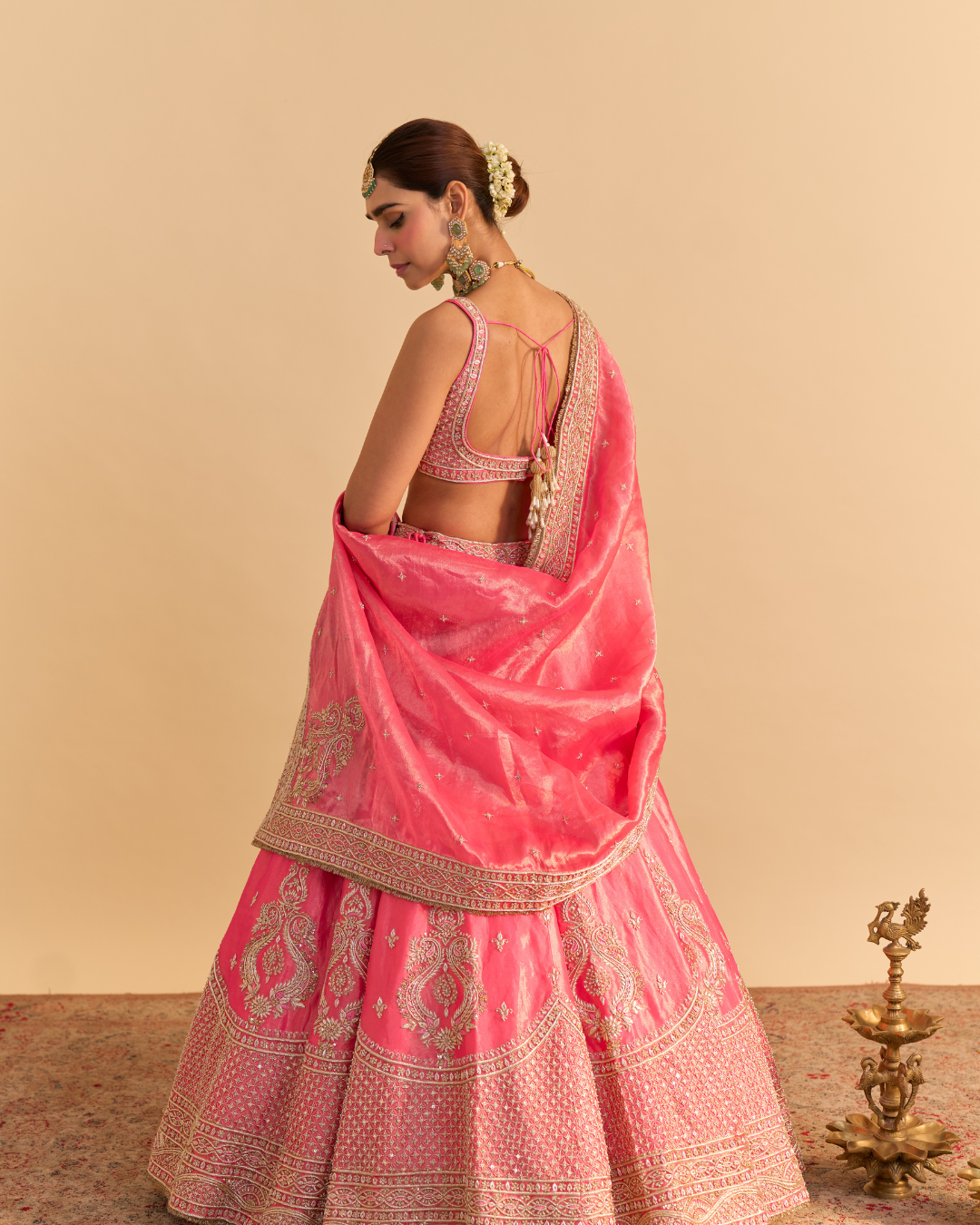 Sheetal Batra - Aashina  - Dabka Zardozi Embroidered Pure Tissue Carrot Pink Lehenga Set From Naazkat
