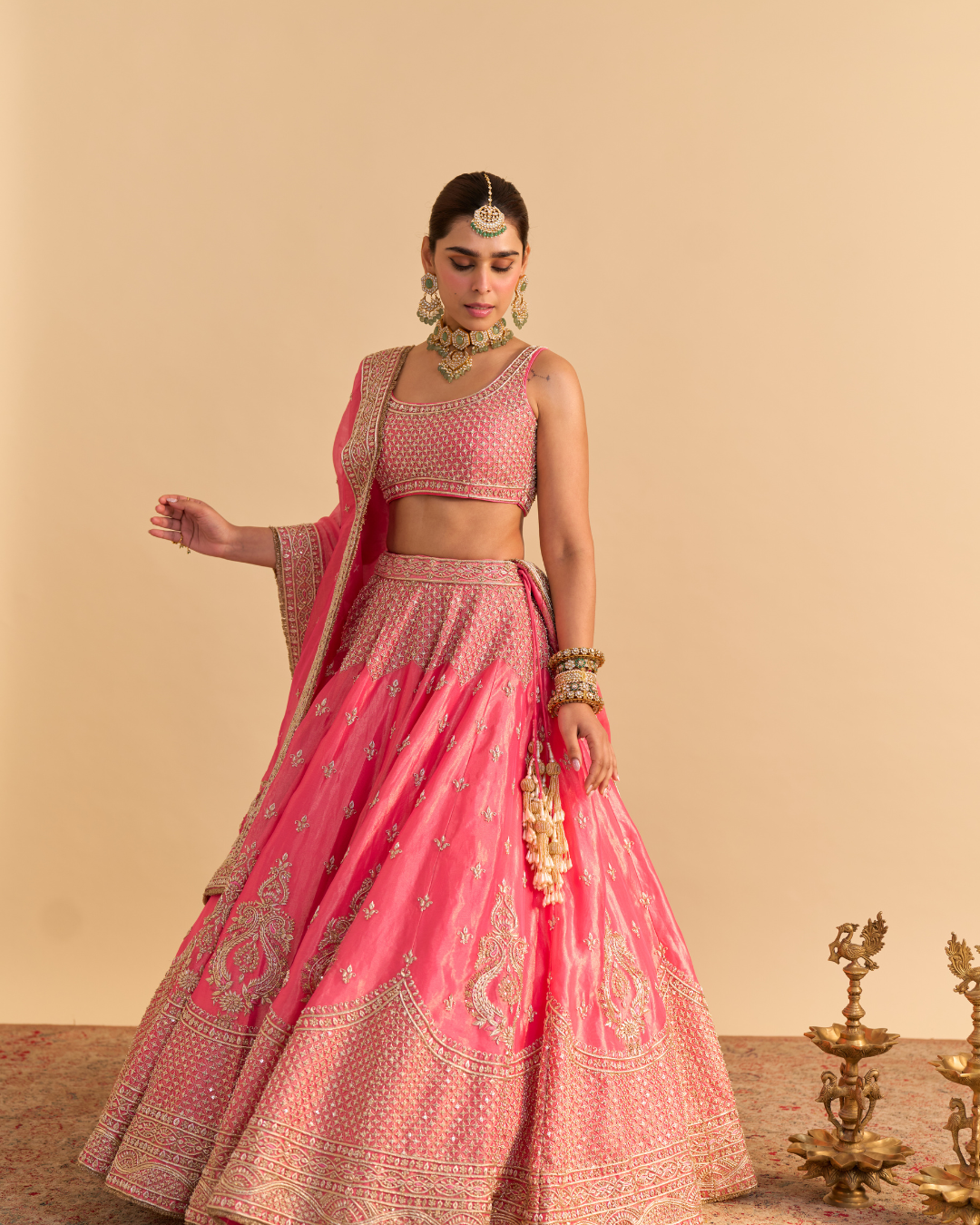 Sheetal Batra - Aashina  - Dabka Zardozi Embroidered Pure Tissue Carrot Pink Lehenga Set From Naazkat