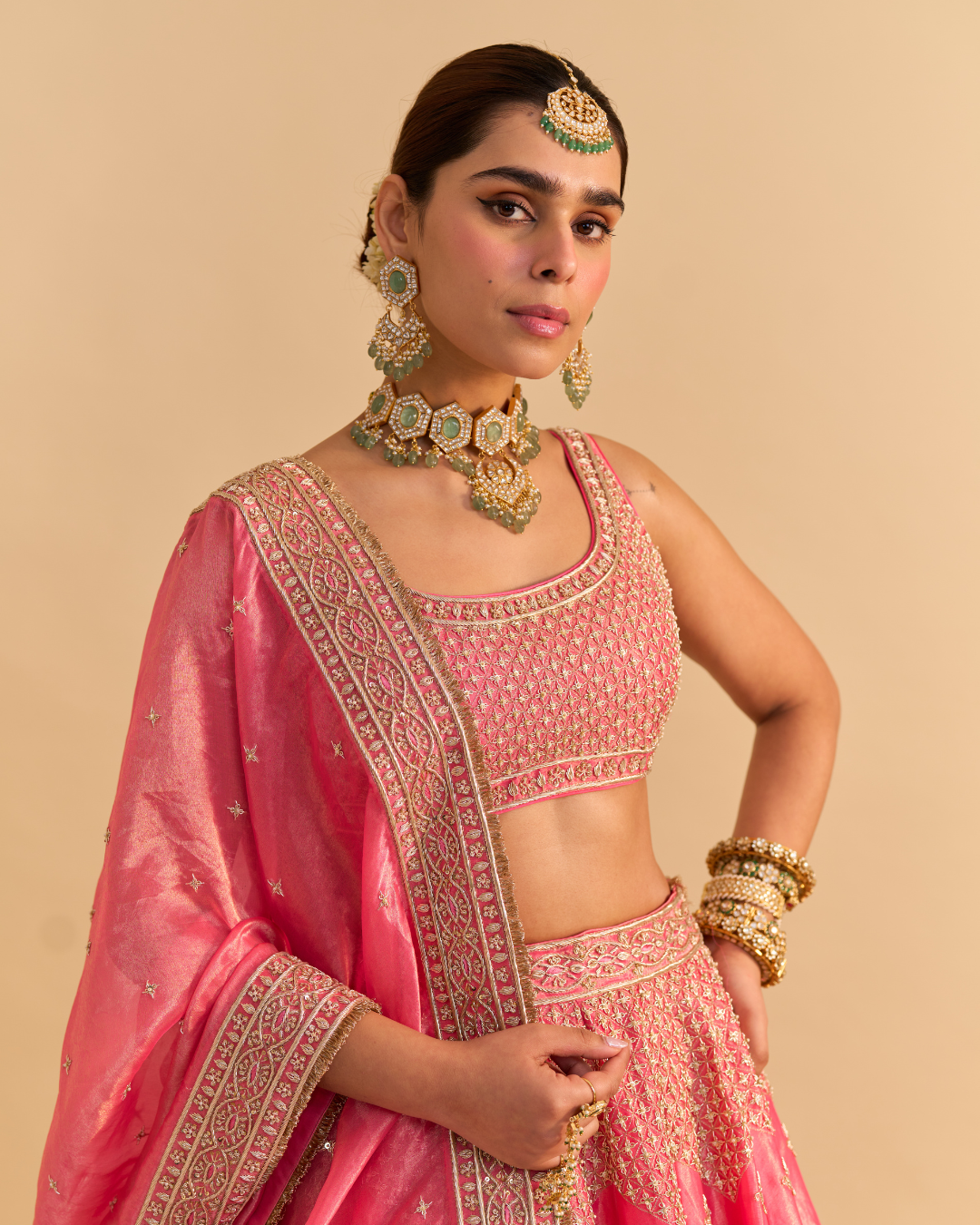 Sheetal Batra - Aashina  - Dabka Zardozi Embroidered Pure Tissue Carrot Pink Lehenga Set From Naazkat