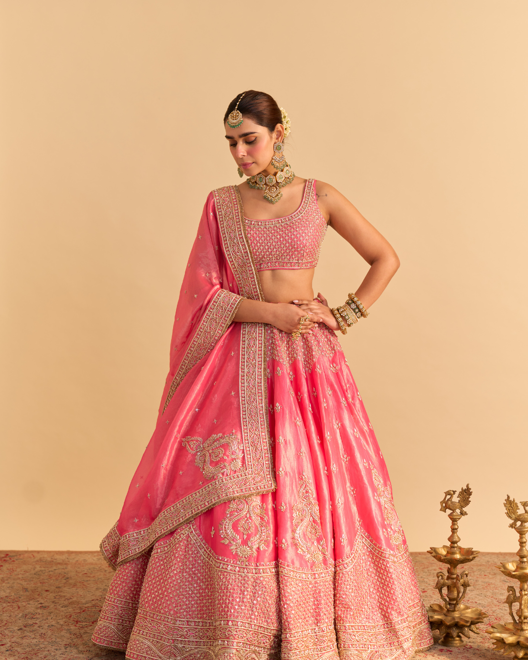 Sheetal Batra - Aashina  - Dabka Zardozi Embroidered Pure Tissue Carrot Pink Lehenga Set From Naazkat