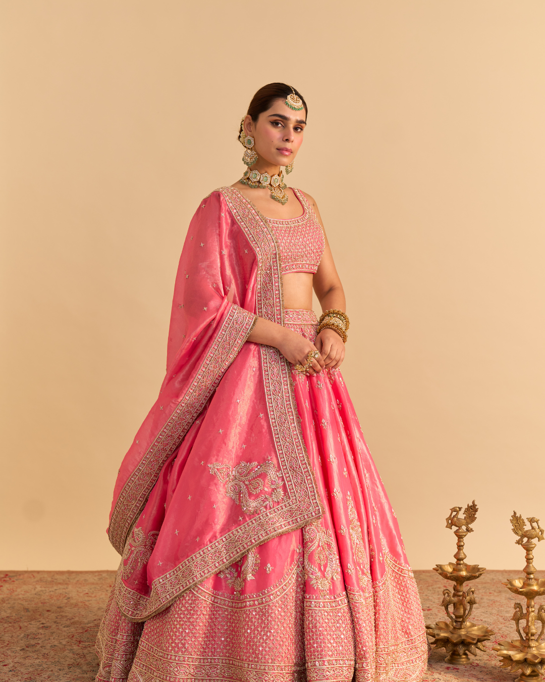 Sheetal Batra - Aashina  - Dabka Zardozi Embroidered Pure Tissue Carrot Pink Lehenga Set From Naazkat