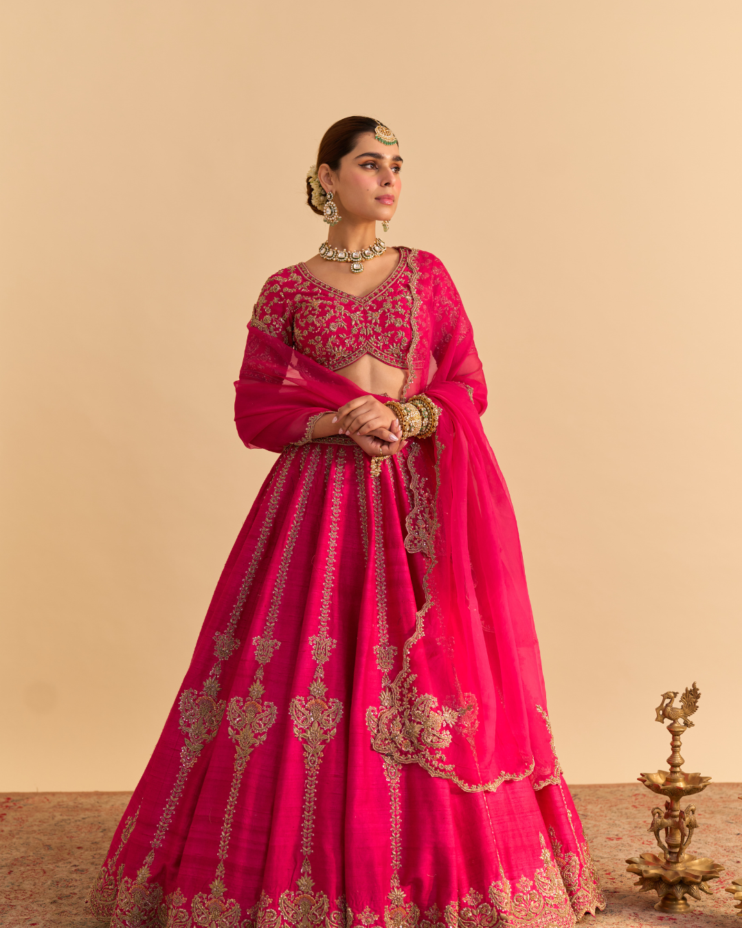 Sheetal Batra - Naazila - Dabka Zardozi Embroidered Raw Silk Hotpink Lehenga Set From Naazkat